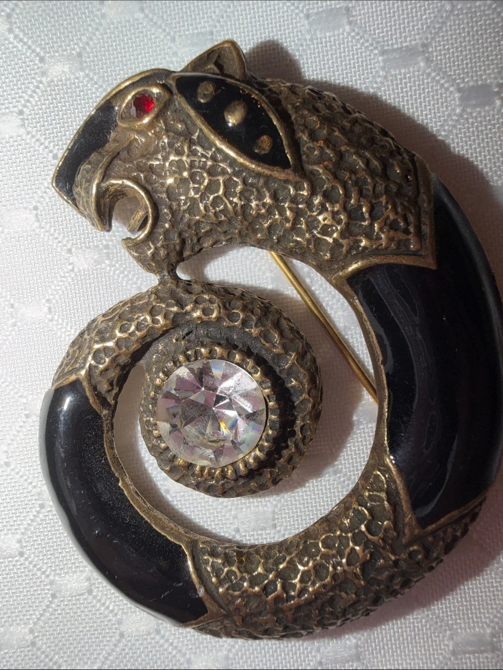 Vintage CORO Brass tone PANTHER Serpent Black Enamel Glass Crystal pin